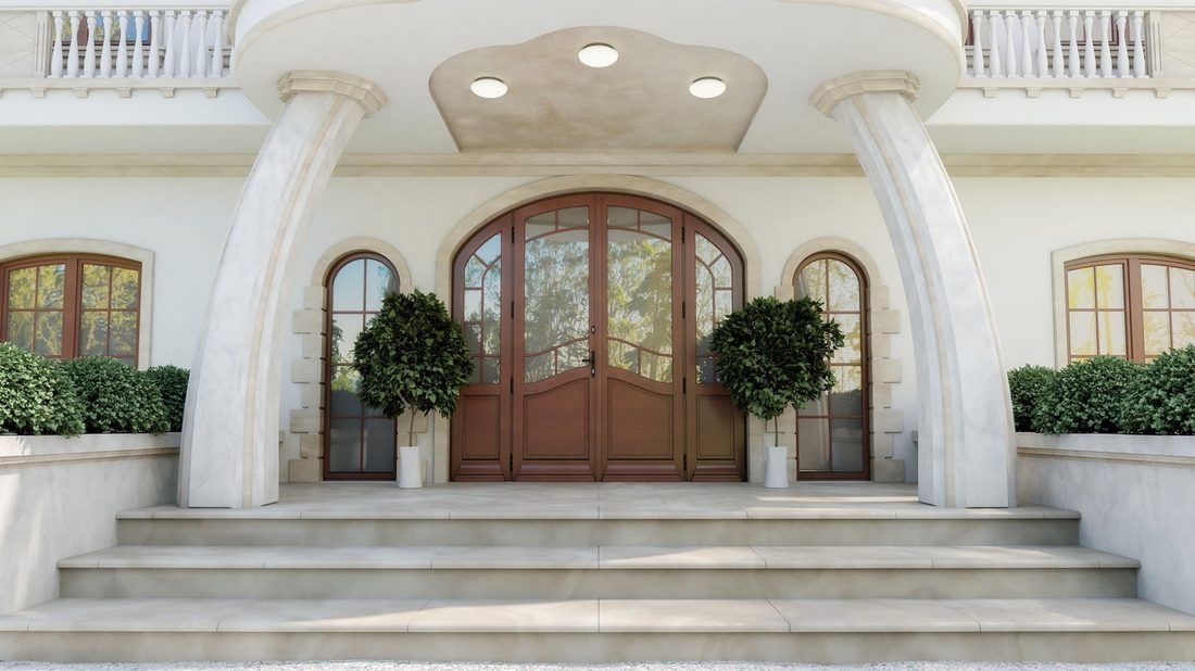 Grande porte d'entrée en bois massif avec vitrages latéraux